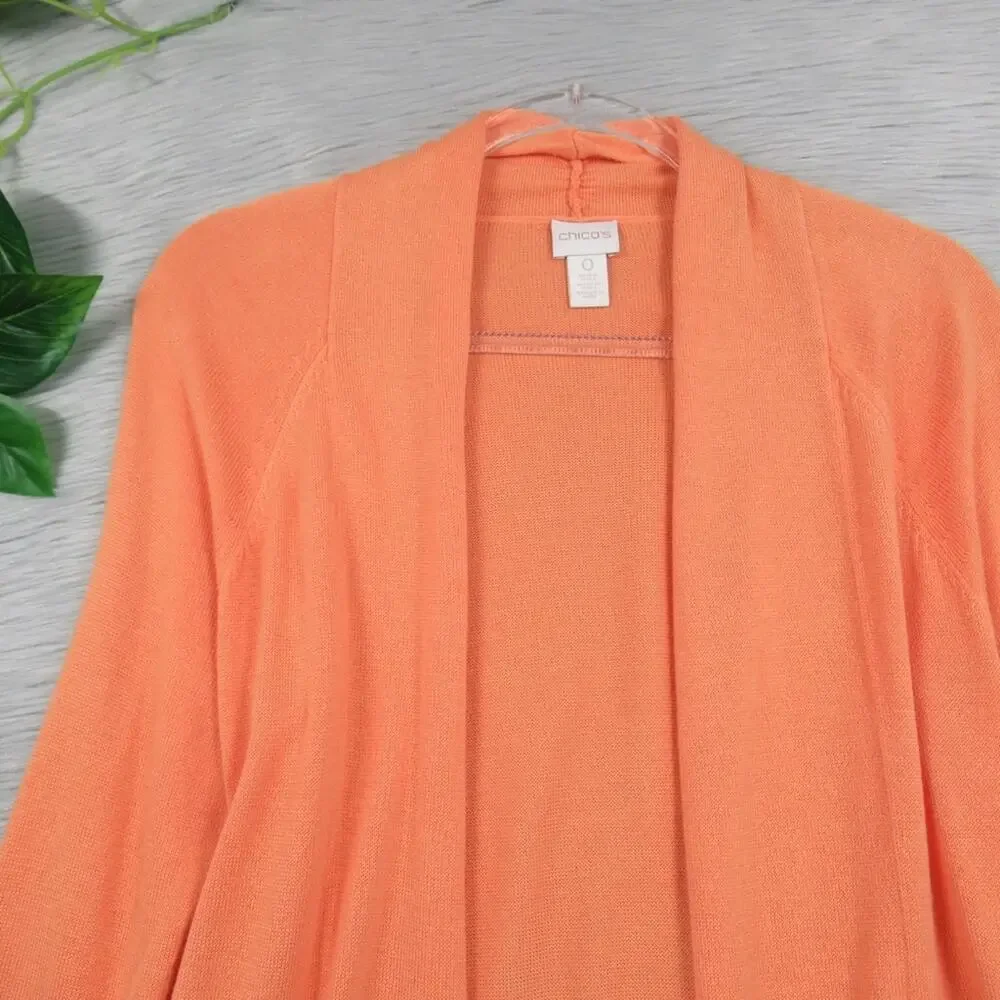 CHICO’S Orange Cotton Blend Open Front Lightweight Casual Cardigan Size Small